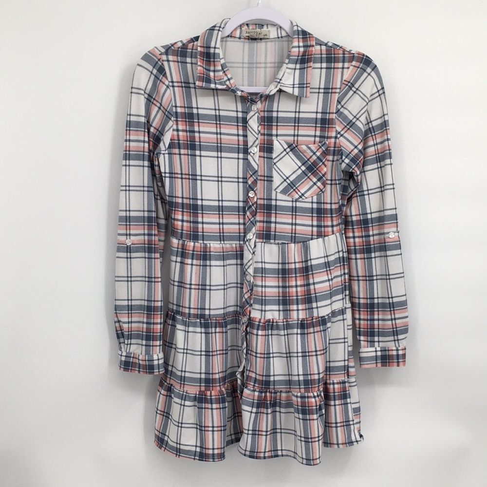 Passport Girls Long Sleeve Plaid Button-Up Dress Pink Blue White Country size 12